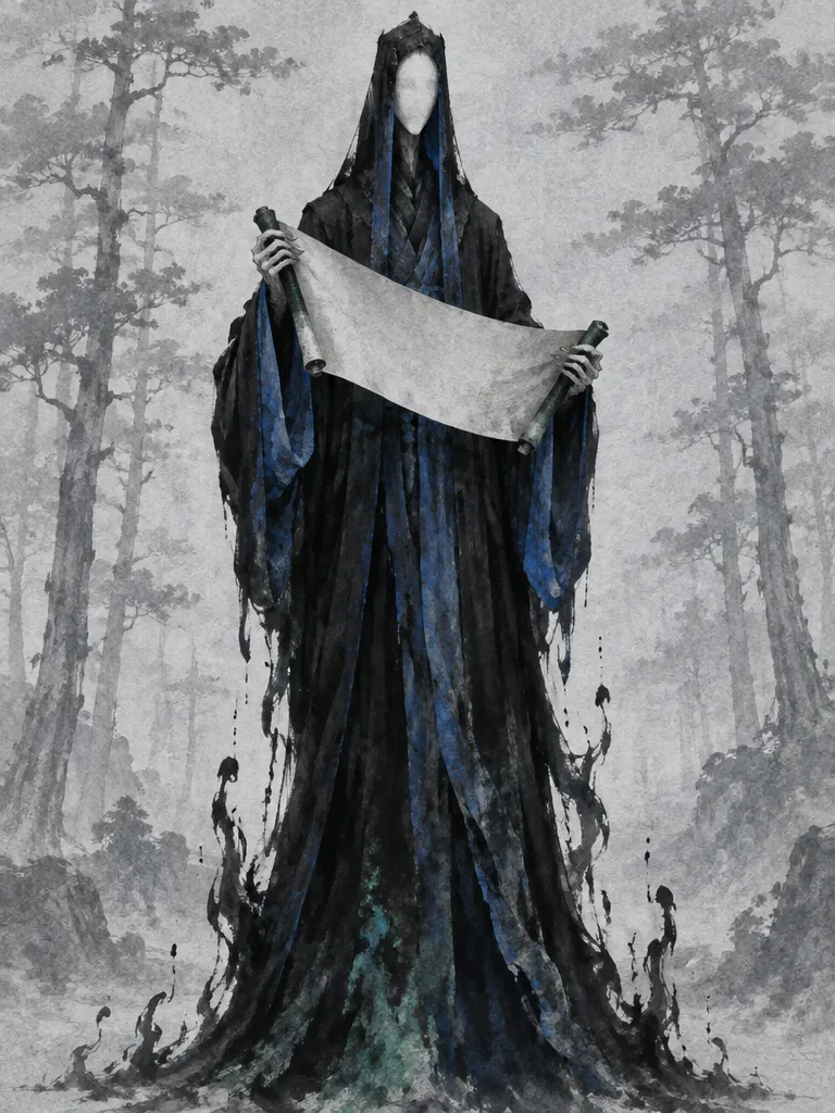 The Unwritten Abbot: sosok tinggi berjubah hitam dengan wajah kertas polos, memegang gulungan terbuka yang kosong di antara pohon-pohon garis.