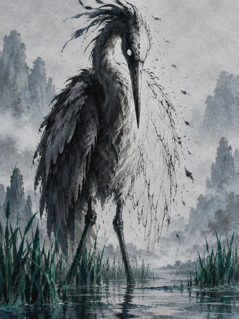 Ashen Heron: bangau raksasa di rawa, separuh tubuhnya tinta hitam pekat, separuhnya lagi garis tipis yang rontok jadi serpihan.