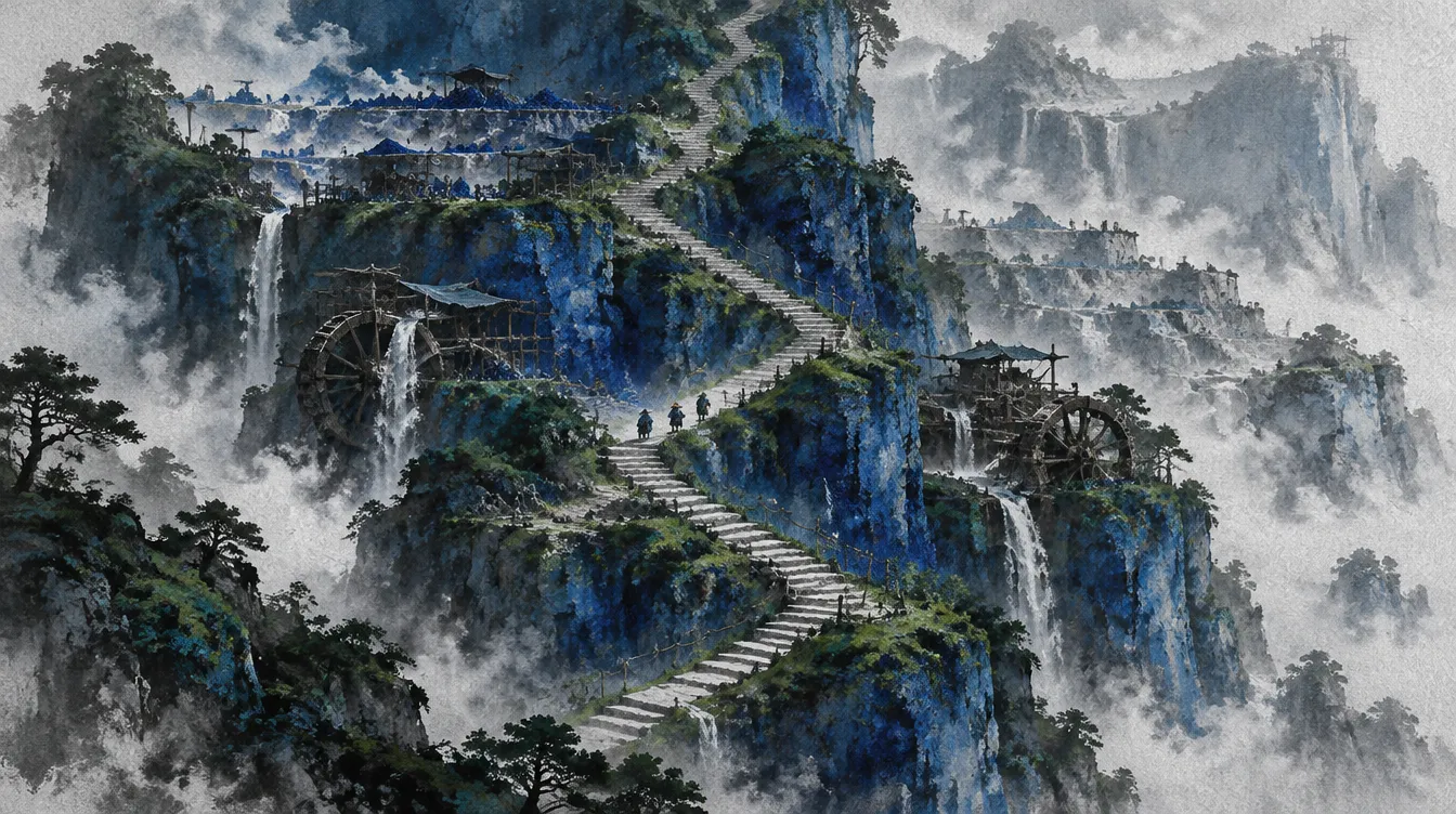 Azure Stair: tebing batu biru berundak dengan tangga berkelok, air terjun tipis, dan kincir kayu penggiling pigmen.