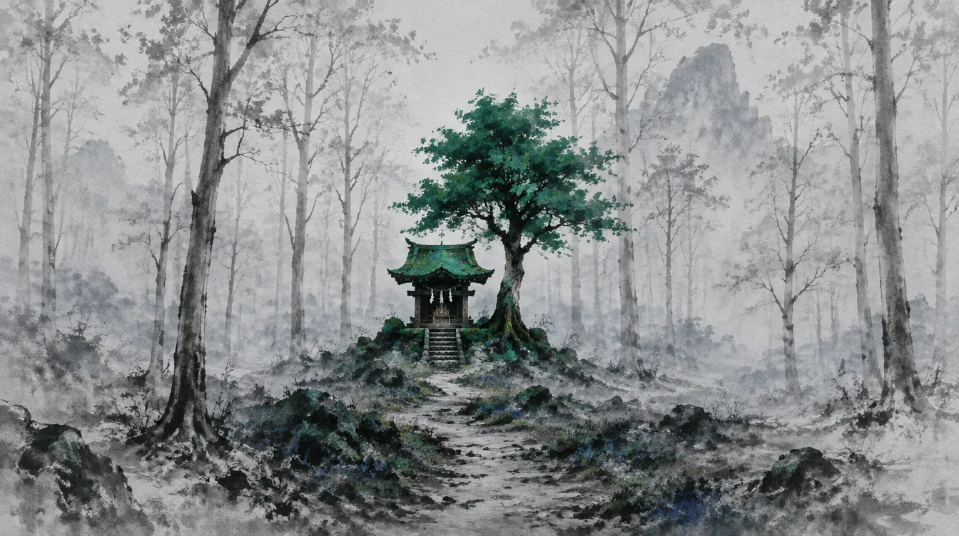 Greywood: hutan yang batangnya tinggal garis abu-abu; di tengahnya satu kuil kayu kecil dan satu pohon masih berwarna hijau.