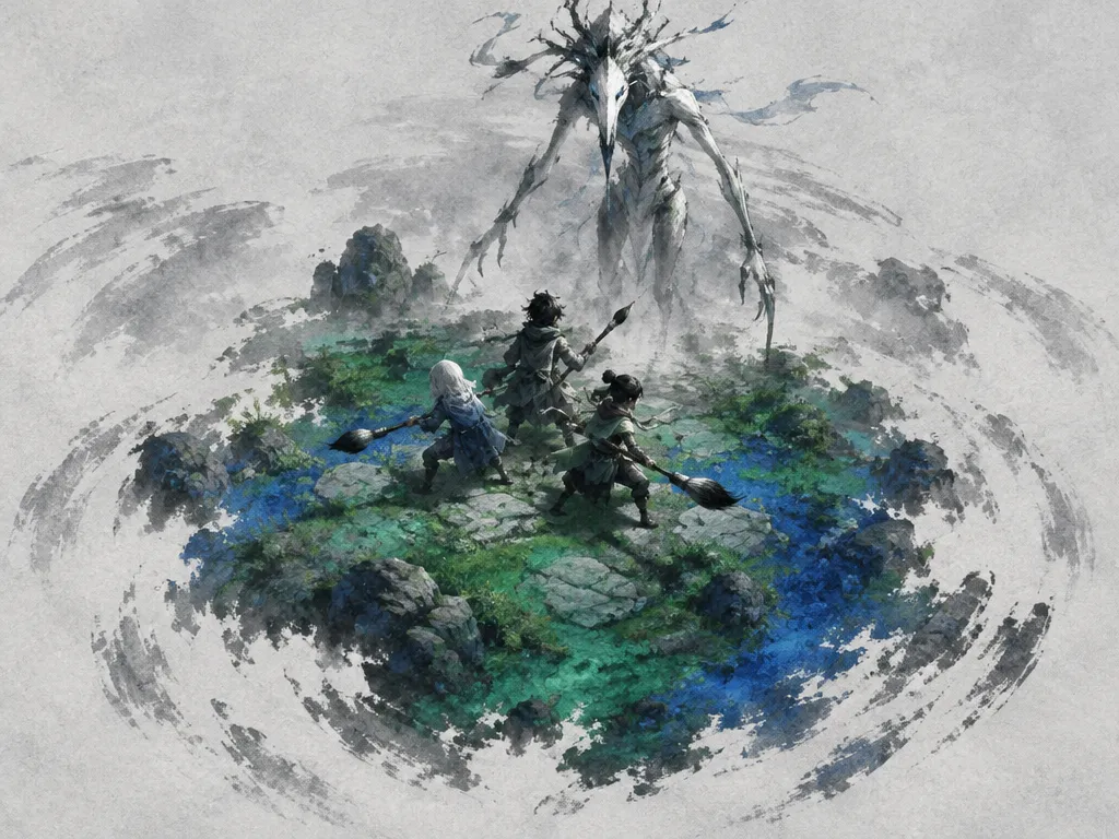Arena dilihat dari atas: tinggal pulau kecil berwarna hijau dan biru di tengah kertas kosong, tiga Scribe menghadapi satu Faded tinggi.